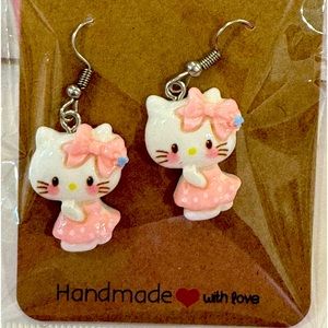 Hello Kitty (pink polka dot dress) Handcrafted Earrings Hypoallergenic NEW